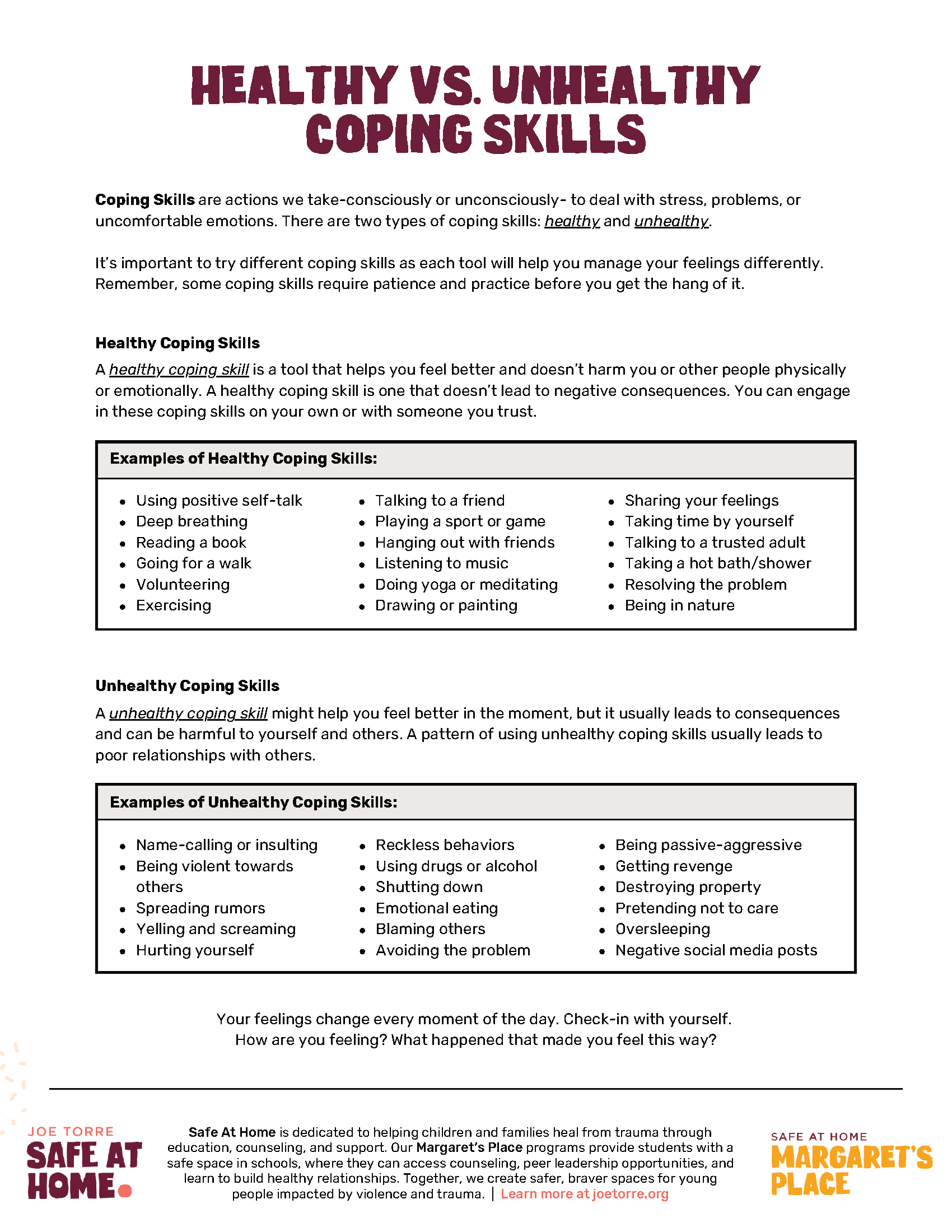 A worksheet explaining what healthy and unhealthy coping skills are