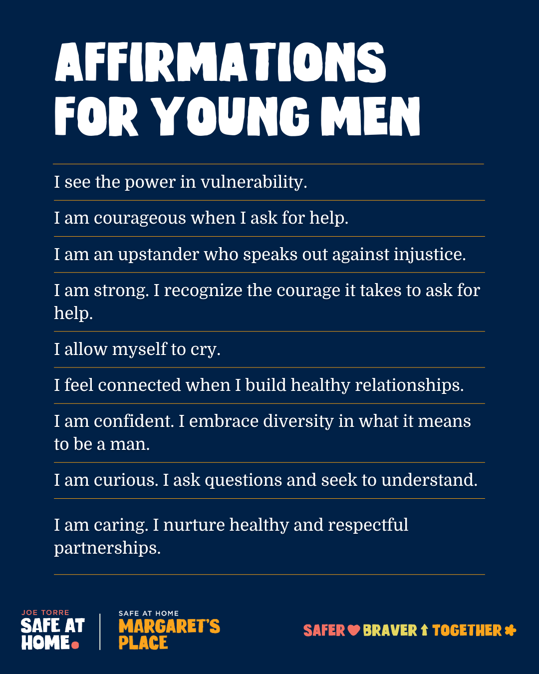 Dark blue graphics listing various Affirmations for young men to use