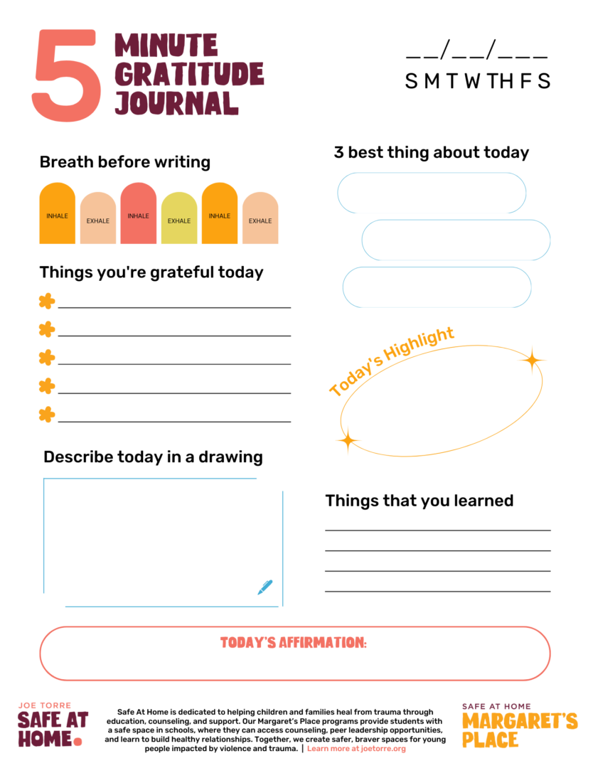 A colorful sheet with different journal prompts to create a 5 minute gratitude refelction